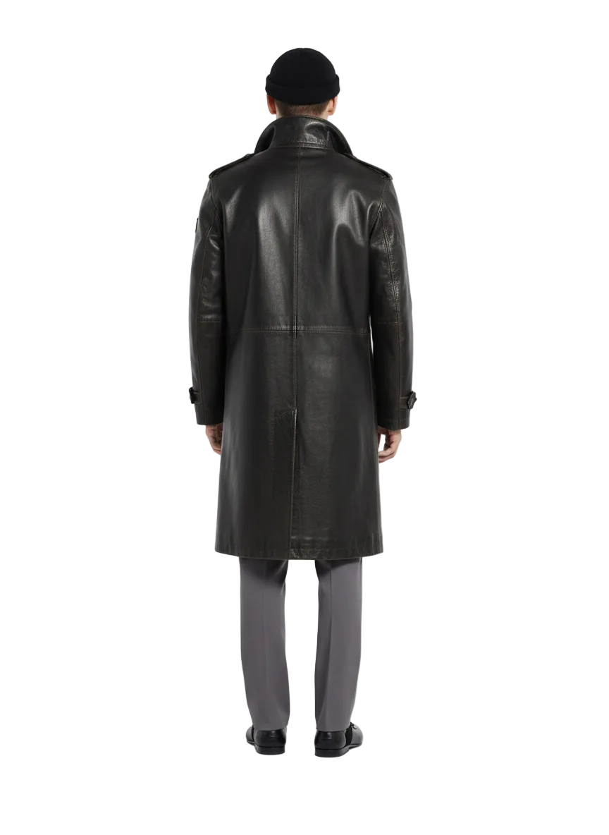 Men's black leather trench coat with classic back view, shoulder epaulets, and sleek fit
