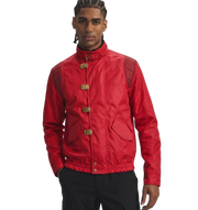 Red bomber jacket with gold buckles and quilted shoulders, stylish men's outerwear