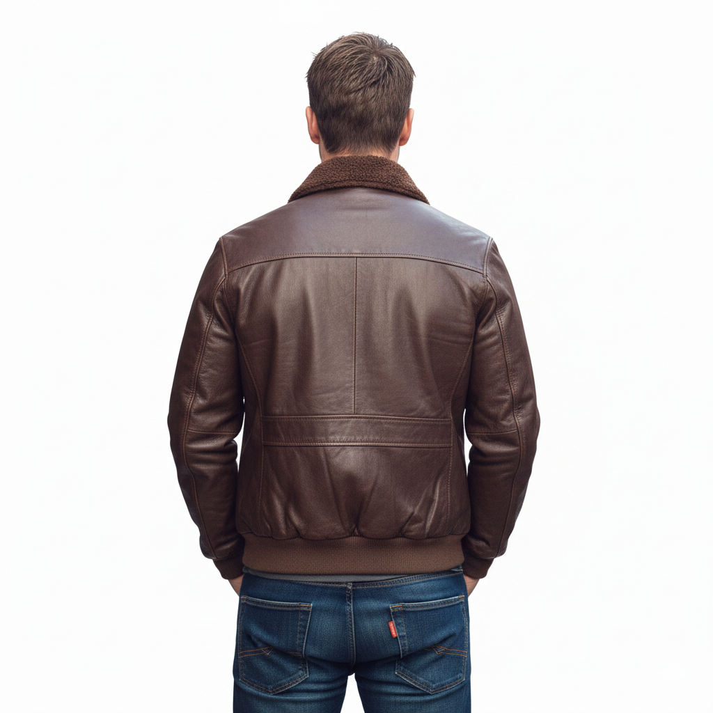 Men's brown leather bomber jacket with shearling collar, back view