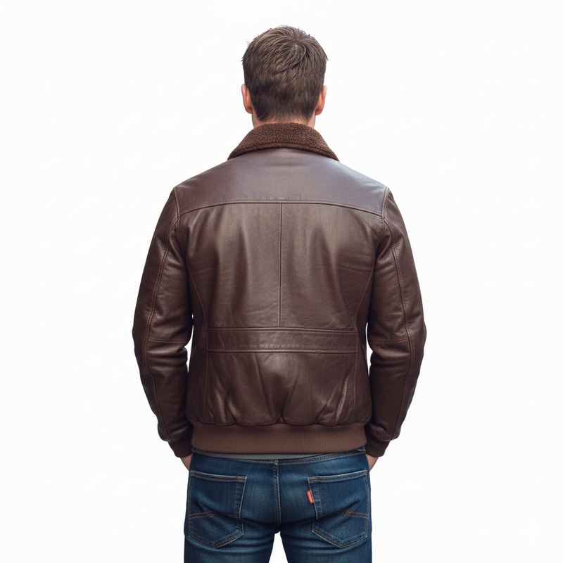 Men's brown leather bomber jacket with shearling collar, back view