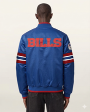 Blue Bills satin bomber jacket with red lettering and striped sleeves, back view