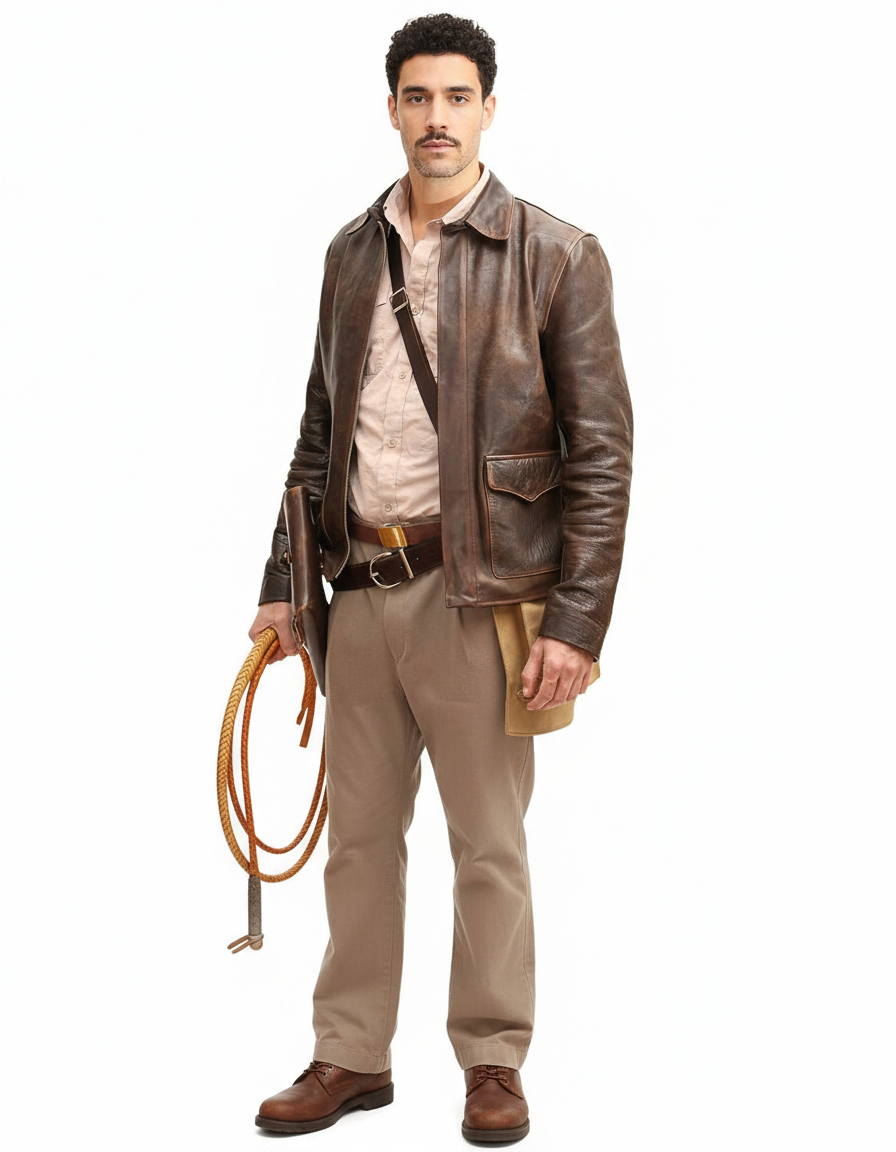 Man in vintage brown leather jacket, beige shirt, khaki pants, holding coiled rope and hat