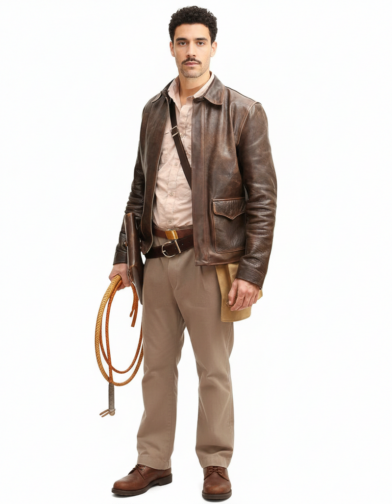 Man in vintage brown leather jacket, beige shirt, khaki pants, holding coiled rope and hat