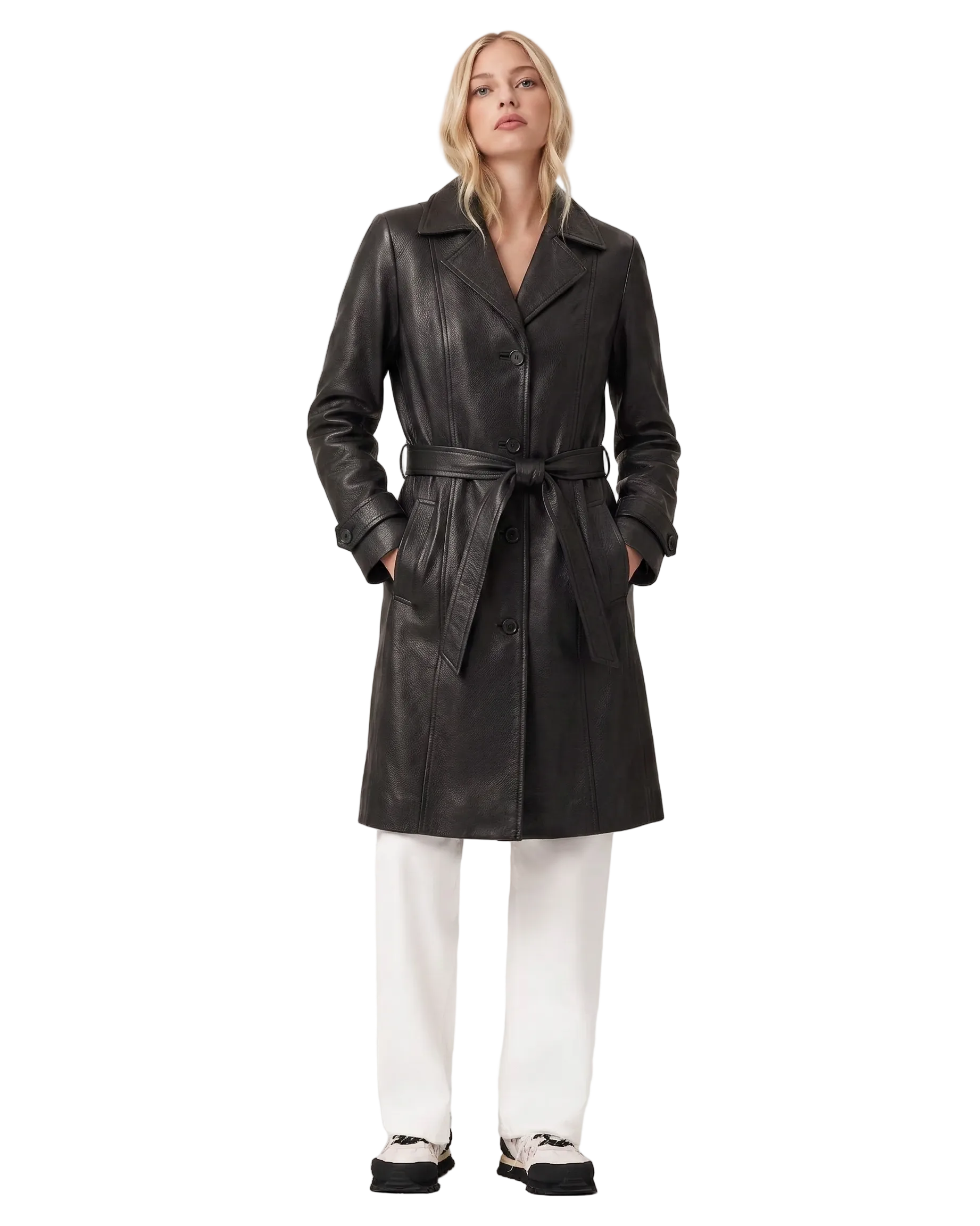 Black leather trench coat with belt, paired with white pants and sneakers