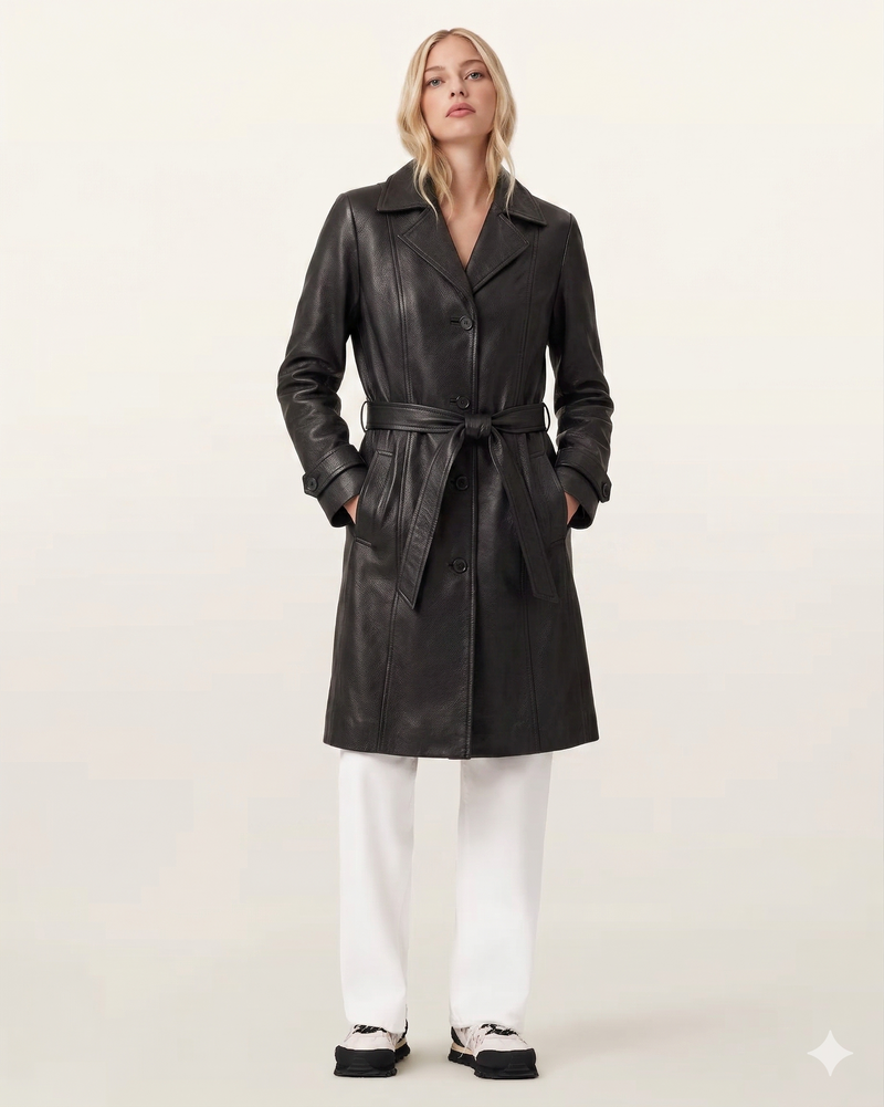 Black leather trench coat with belt, paired with white pants and sneakers