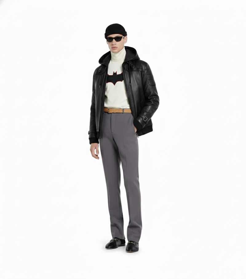 Man wearing black leather jacket, Batman graphic turtleneck, gray trousers, and black loafers