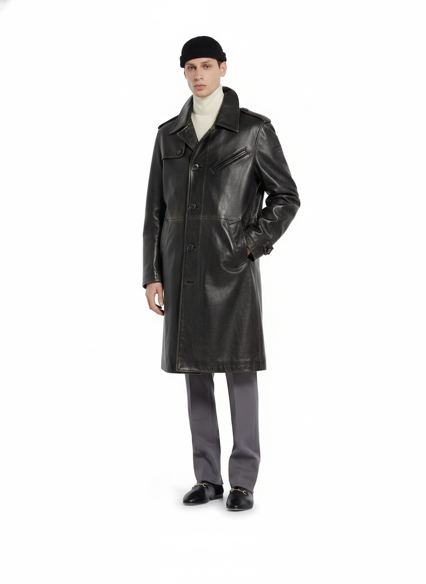 Men's Classic Leather Double-Breasted Trench Coat