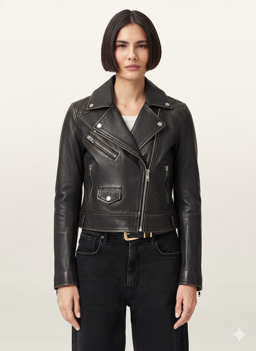 Blouson motard femme en cuir matelassé asymétrique noir