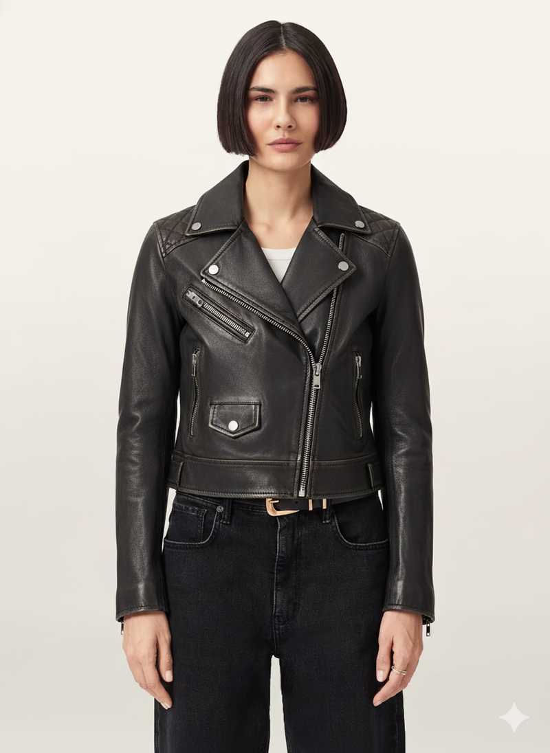 Blouson motard femme en cuir matelassé asymétrique noir