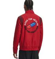 Red bomber jacket with 'Good for Health Bad for Education' graphic and pill design on back