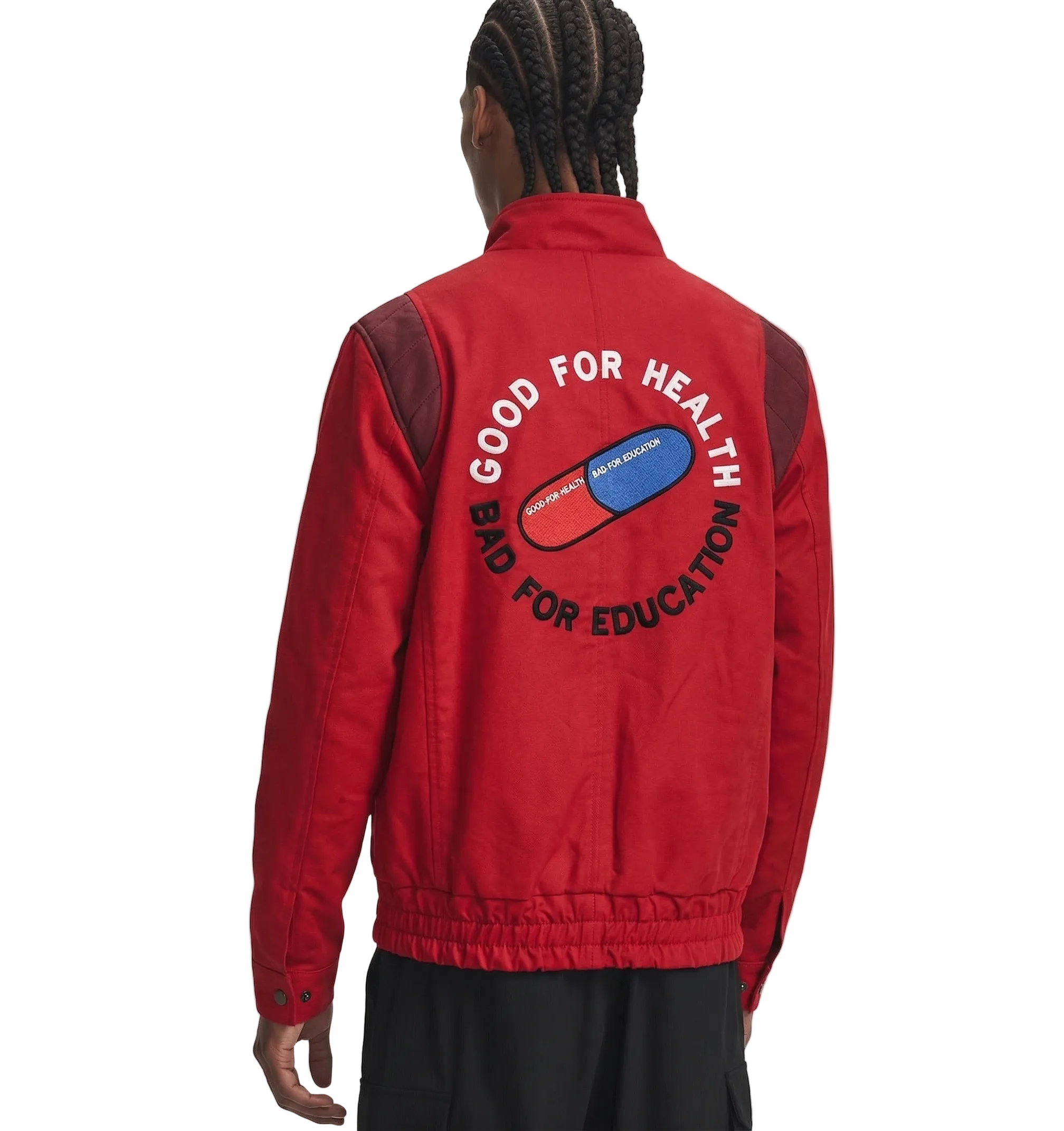 Red bomber jacket with 'Good for Health Bad for Education' graphic and pill design on back