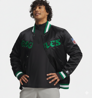Black Eagles varsity jacket with green lettering, NFL patch, and striped cuffs for men