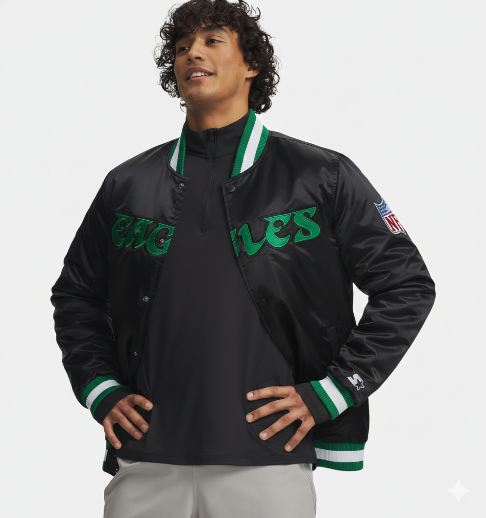Men's black Eagles varsity jacket with green lettering, NFL patch, and striped trim