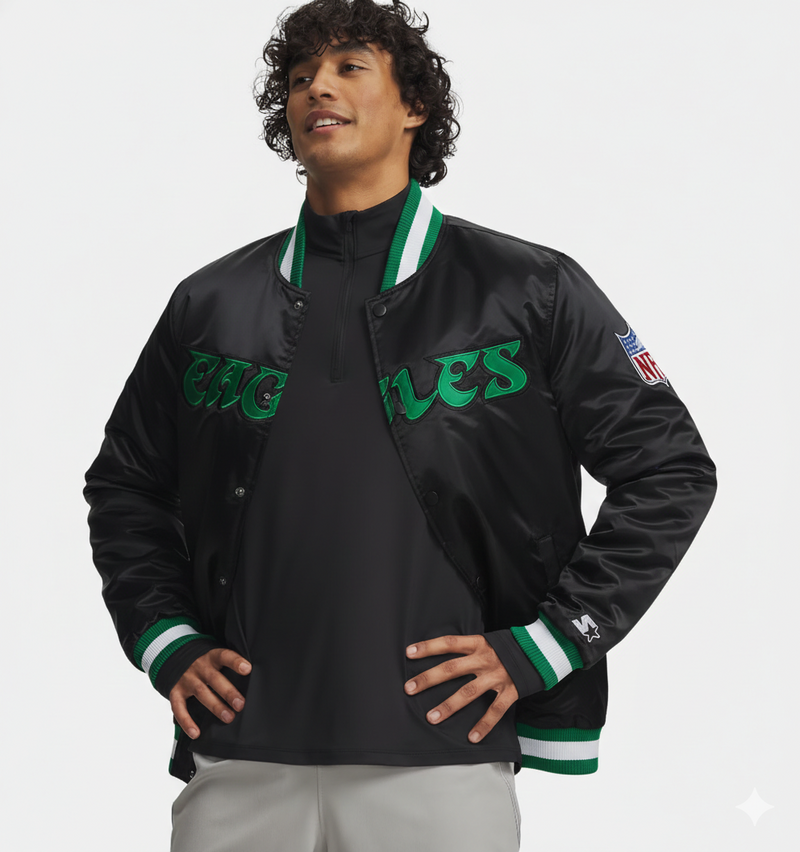 Men's black Eagles varsity jacket with green lettering, NFL patch, and striped trim