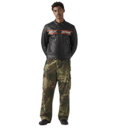 Man wearing black Harley-Davidson leather motorcycle jacket with camouflage cargo pants