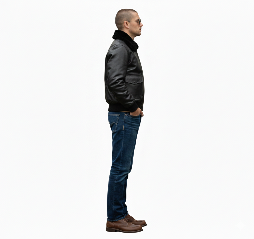 Man in black leather bomber jacket with shearling collar, blue jeans, and brown boots, side profile