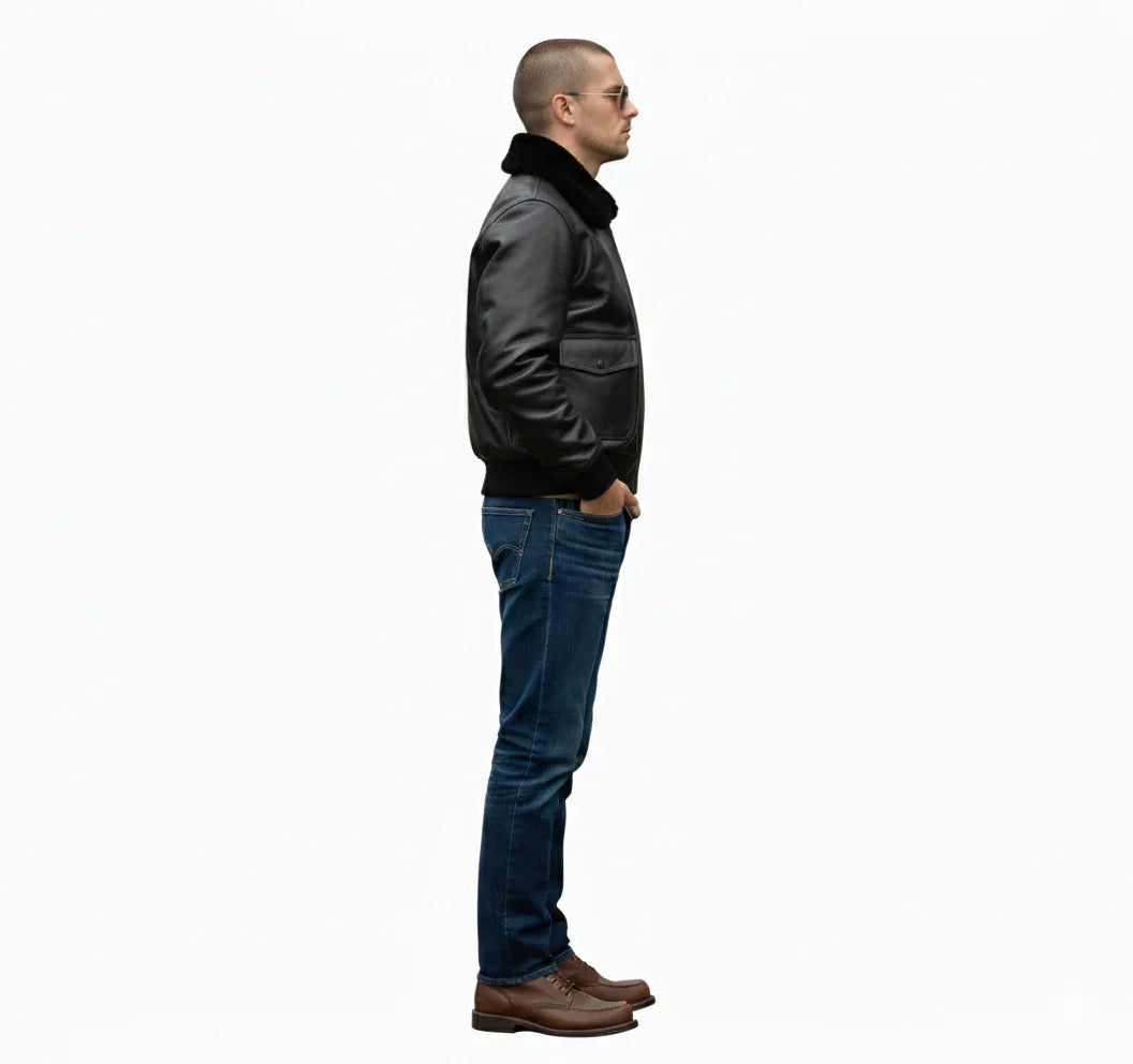 Man in black leather bomber jacket with shearling collar, blue jeans, and brown boots, side profile