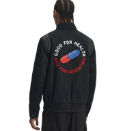 Black jacket with 'Good for Health Bad for Education' pill graphic on back, bold streetwear design