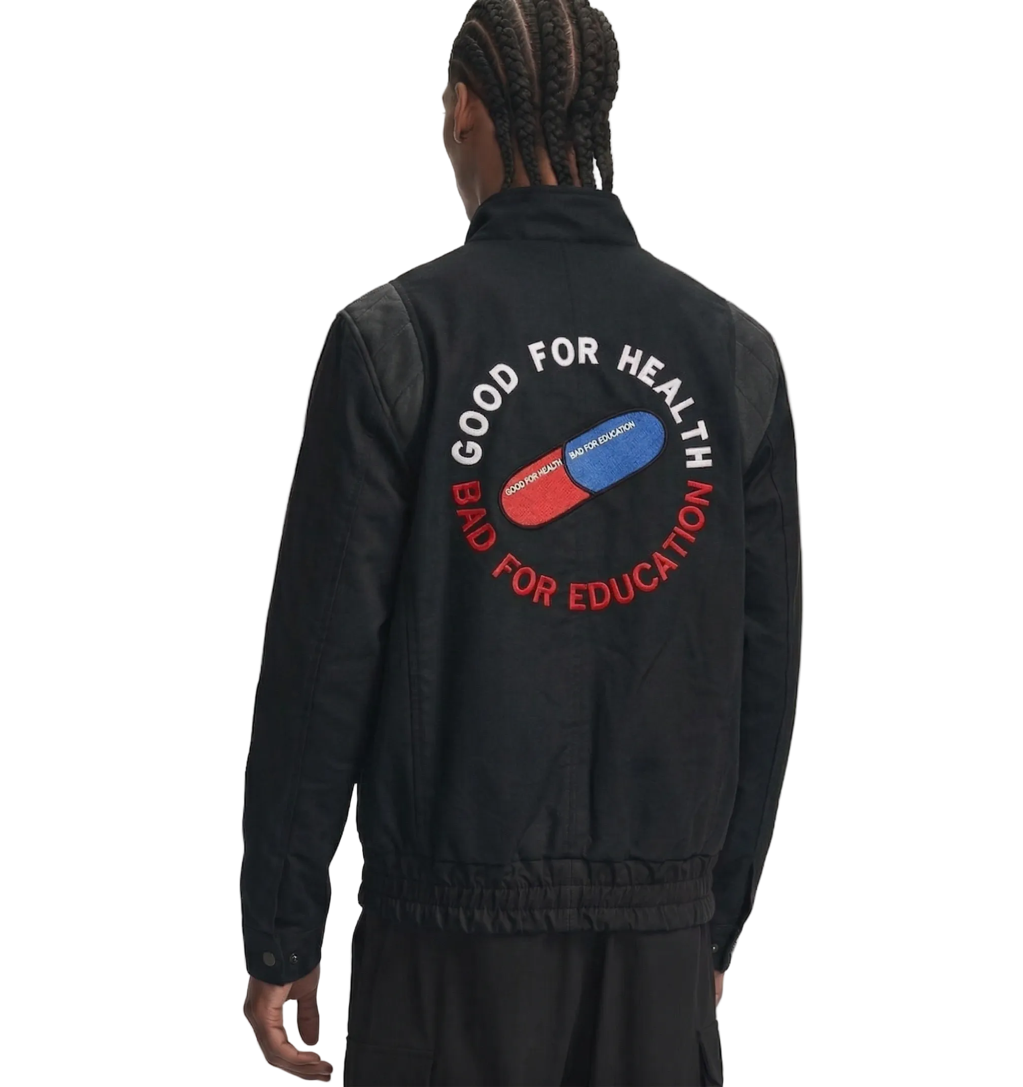 Black jacket with 'Good for Health Bad for Education' pill graphic on back, bold streetwear design