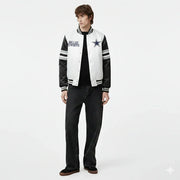 Dallas Cowboys varsity jacket with star logo, black sleeves, and striped accents