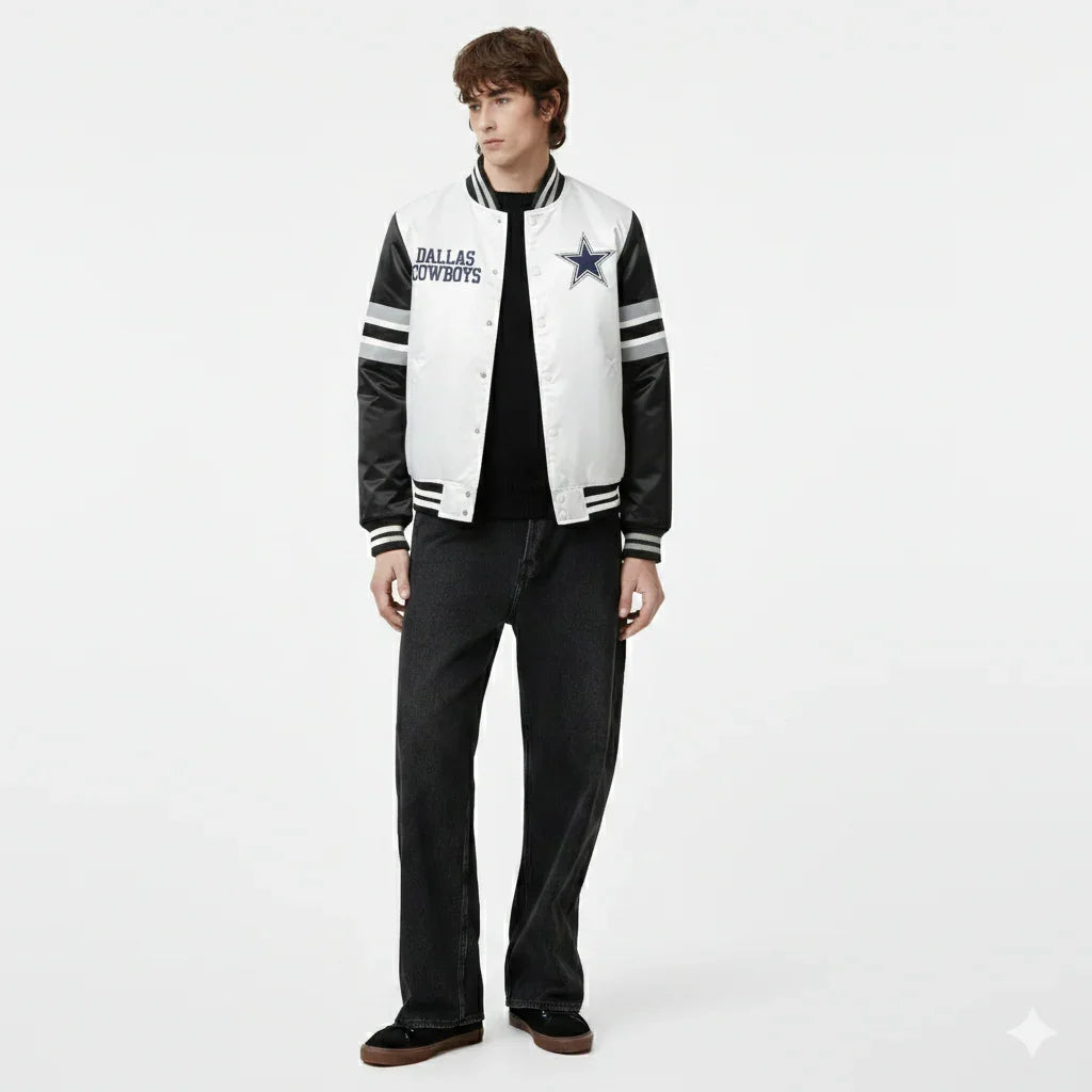 Dallas Cowboys varsity jacket with star logo, black sleeves, and striped accents