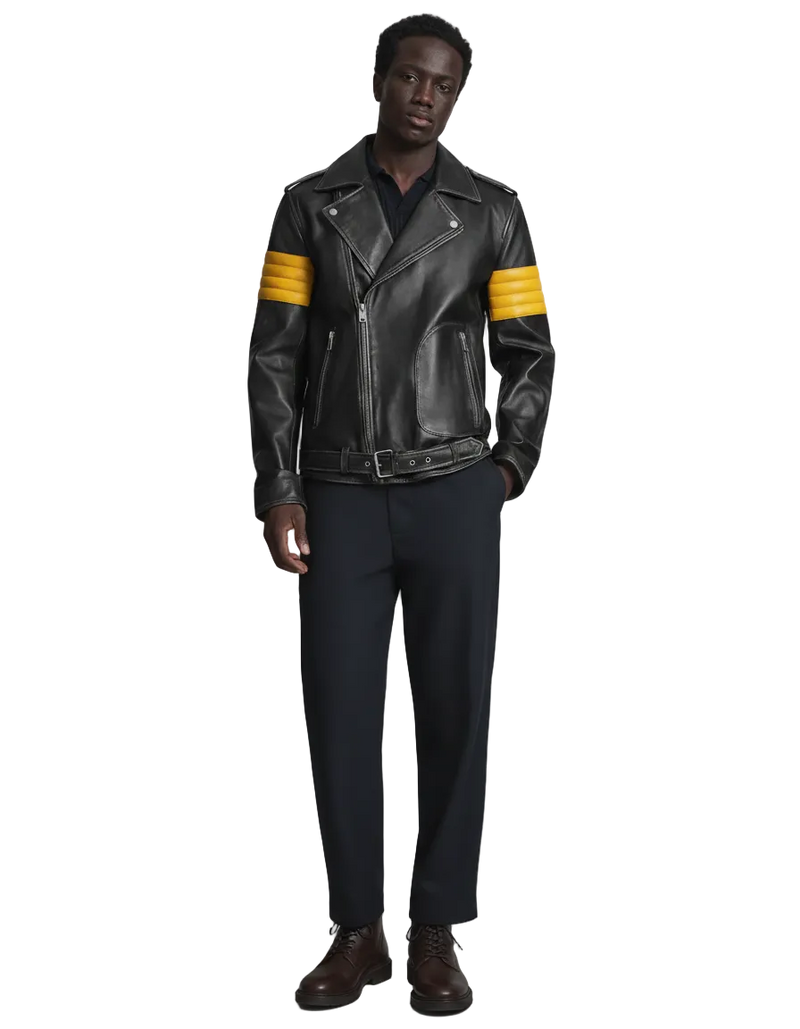 Blouson de motard en cuir rayé noir et jaune pour homme