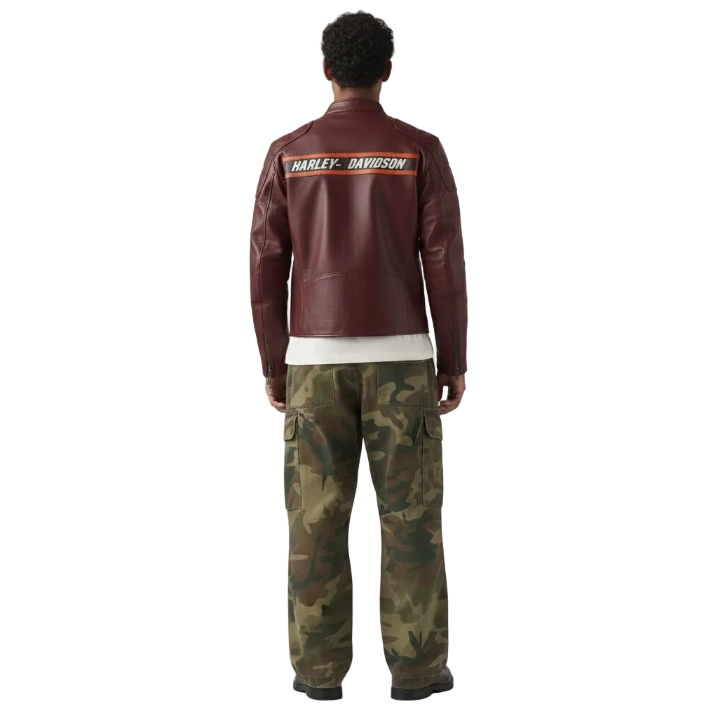 Person wearing a maroon Harley-Davidson jacket and camouflage pants on a white background