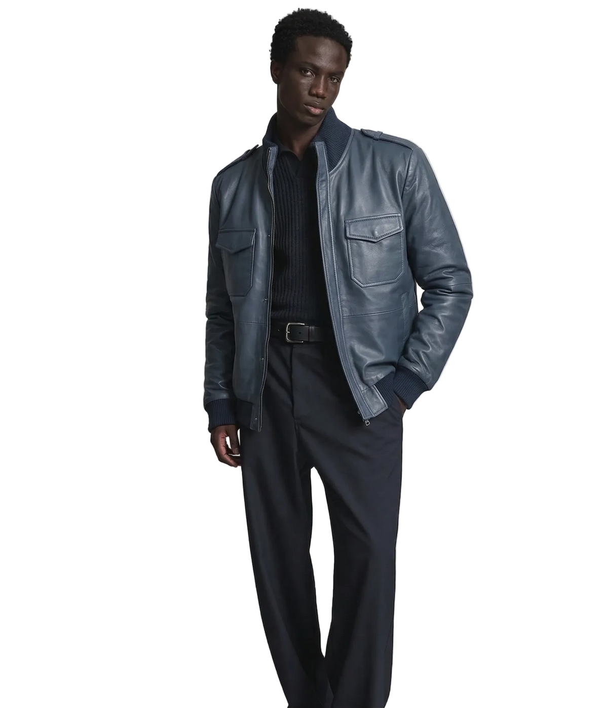 Men's Premium Blue Lamb Hide Leather Bomber Jacket
