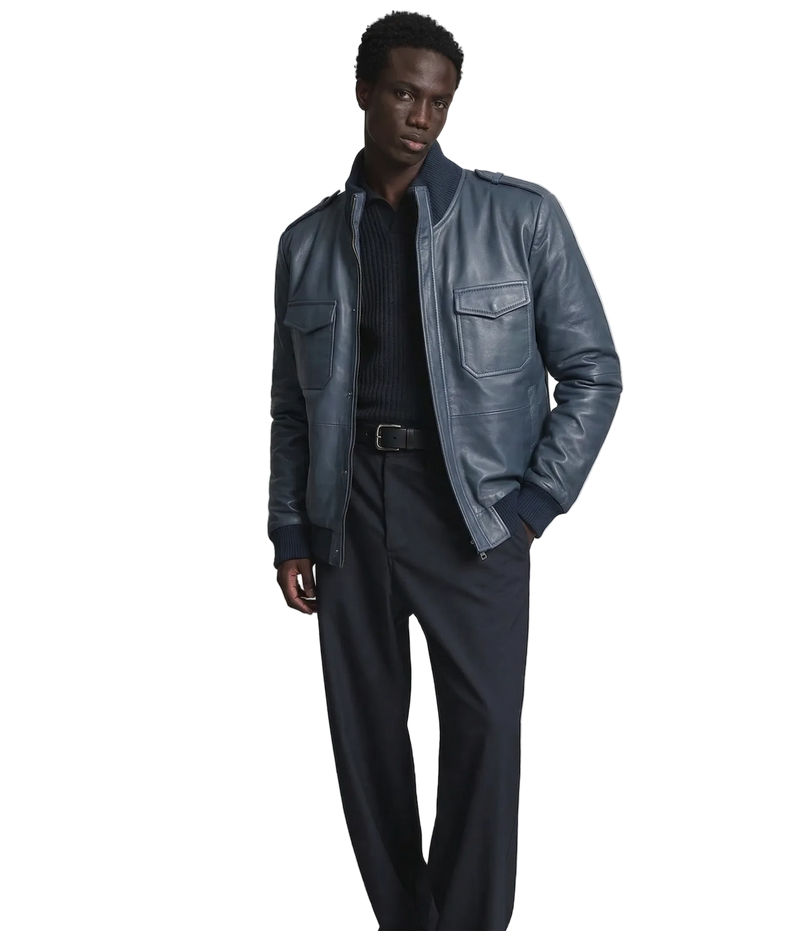 Blouson aviateur en cuir d'agneau bleu de première qualité pour homme