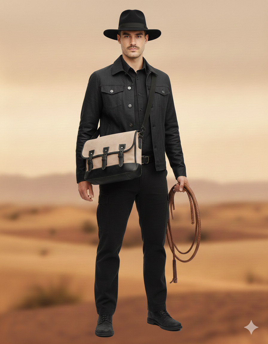 Man in black denim jacket and hat carrying canvas messenger bag, holding rope in desert setting