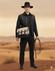 Man in black cowboy hat and jacket carrying beige satchel bag, holding rope in desert setting
