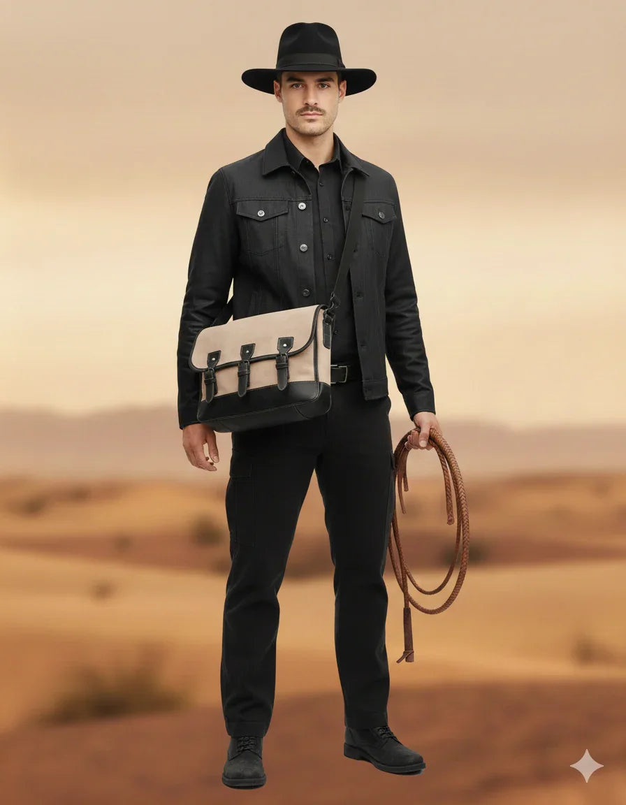 Man in black cowboy hat and jacket carrying beige satchel bag, holding rope in desert setting