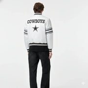 White Cowboys varsity jacket with star logo, black stripes, and black jeans, back view