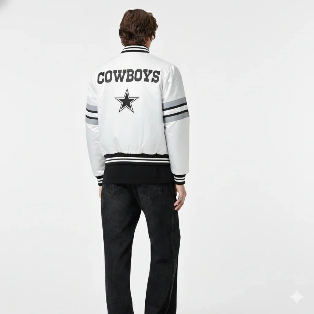 White Cowboys varsity jacket with star logo, black stripes, and black jeans, back view