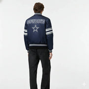 Men's navy Cowboys bomber jacket with star logo, striped sleeves, and back view