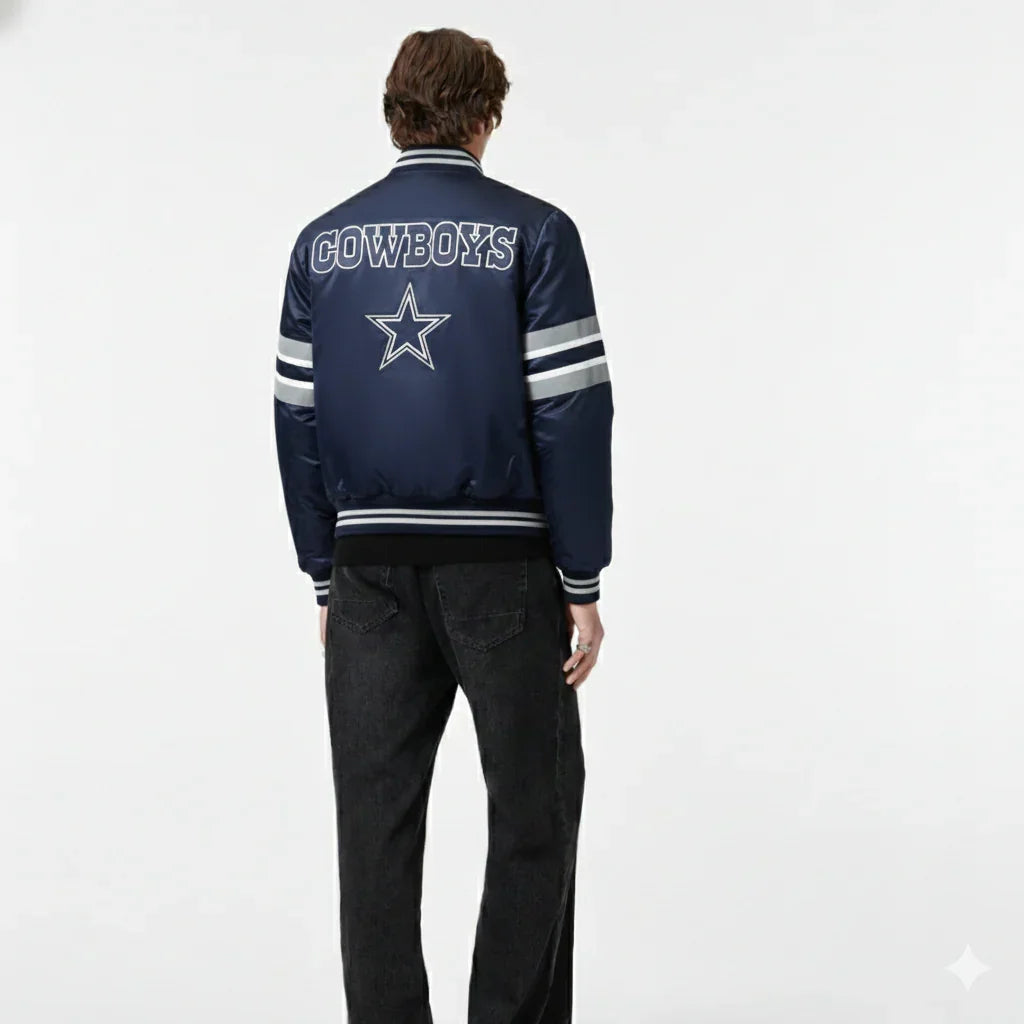 Men's navy Cowboys bomber jacket with star logo, striped sleeves, and back view