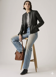Woman in black leather moto jacket, light wash jeans, and brown handbag sitting on wooden stool