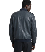 Men's dark leather bomber jacket with ribbed collar and cuffs, back view
