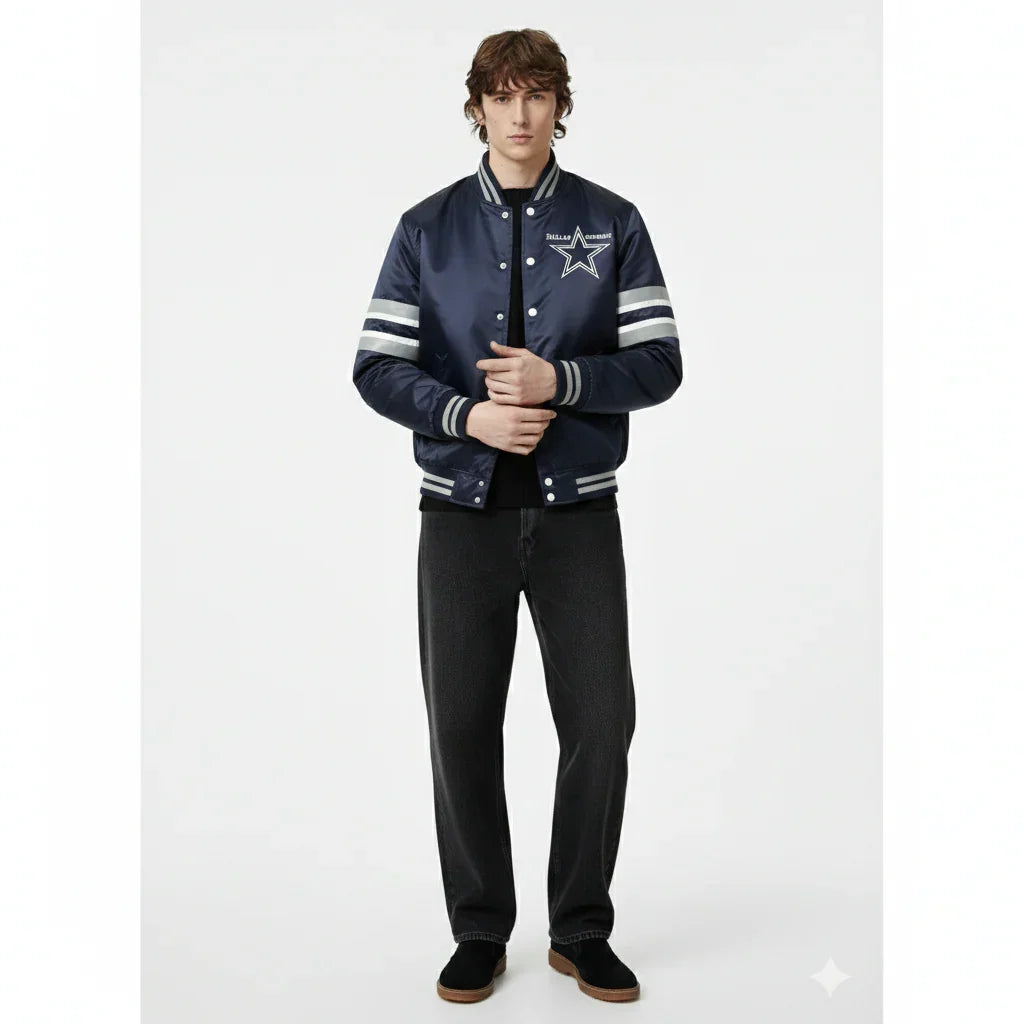 Navy blue varsity jacket with star logo and striped sleeves, paired with black jeans