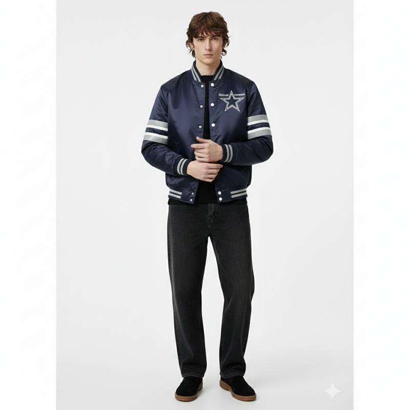 Man wearing navy Dallas Cowboys varsity jacket with star logo, striped sleeves, and black jeans