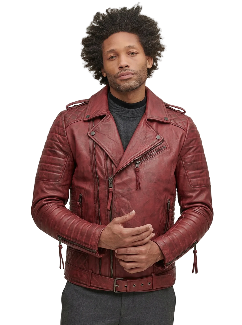 Blouson de motard en cuir vieilli bordeaux Heritage élite pour homme