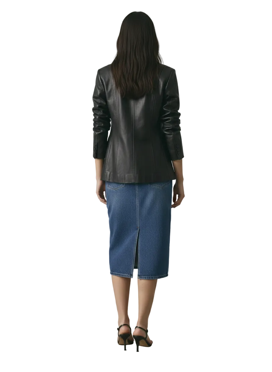 Black leather blazer with blue denim midi skirt and black heels, back view