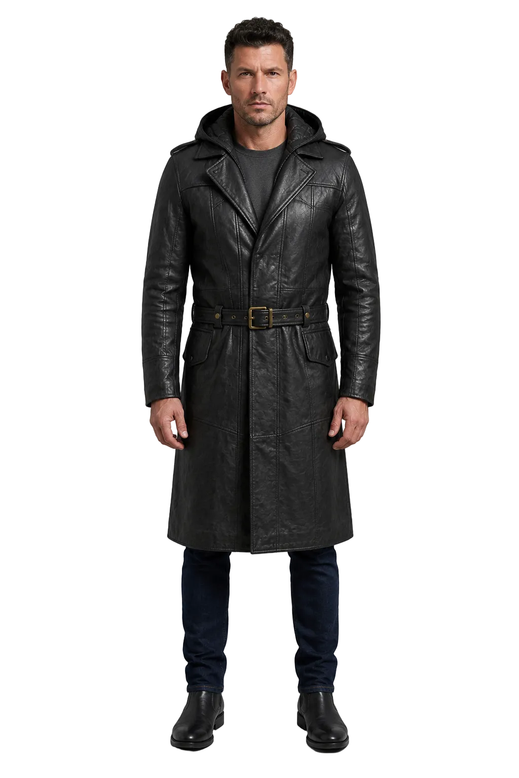 Front full-length view of a man styling the brown and black Jacob Frye leather trench coat featuring an open front, belted waist, and a high-profile stand collar.