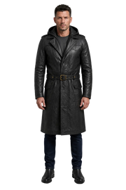 Men's black leather trench coat with hood and belt, styled with jeans and boots