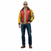 Men's red and yellow leather bomber jacket with shearling collar, styled with jeans and sunglasses