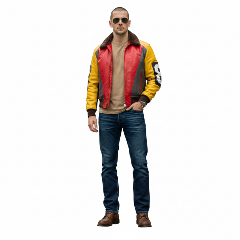 Men's red and yellow leather bomber jacket with shearling collar, styled with jeans and aviator sunglasses