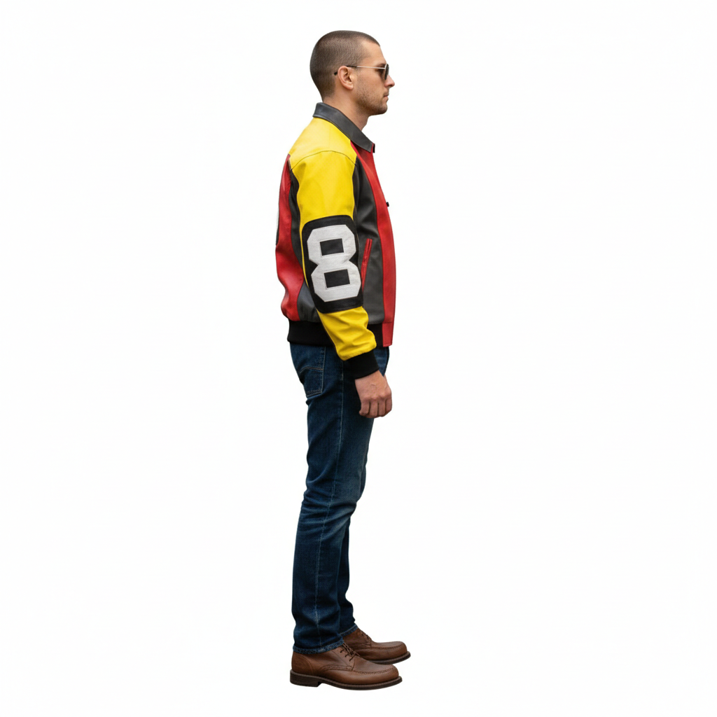 Men's racing-style leather jacket with bold number 8, yellow red black panels, side view