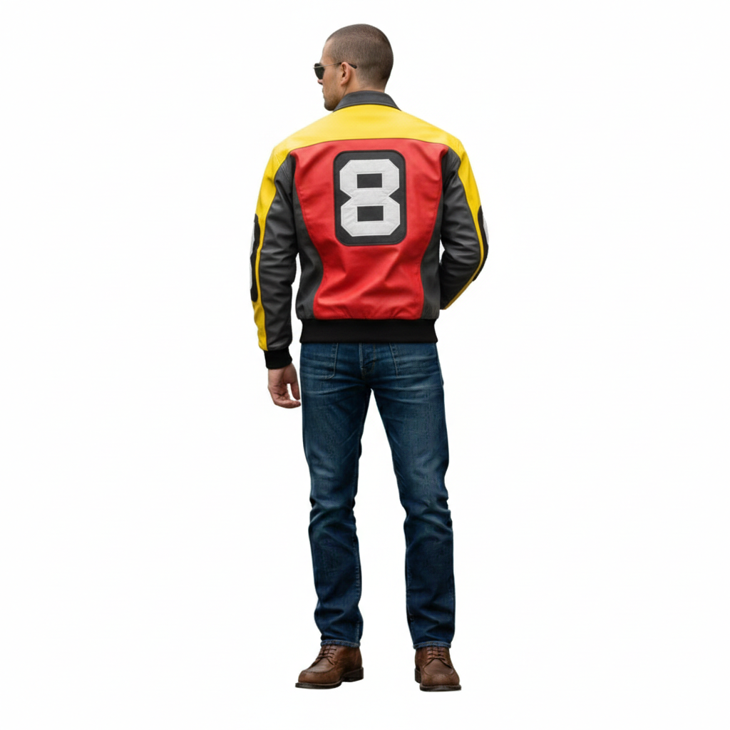 Men's racing jacket with bold number 8, red yellow black design, leather style, casual wear