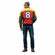Men's racing-style leather jacket with bold number 8 back design, yellow and red panels, black sleeves