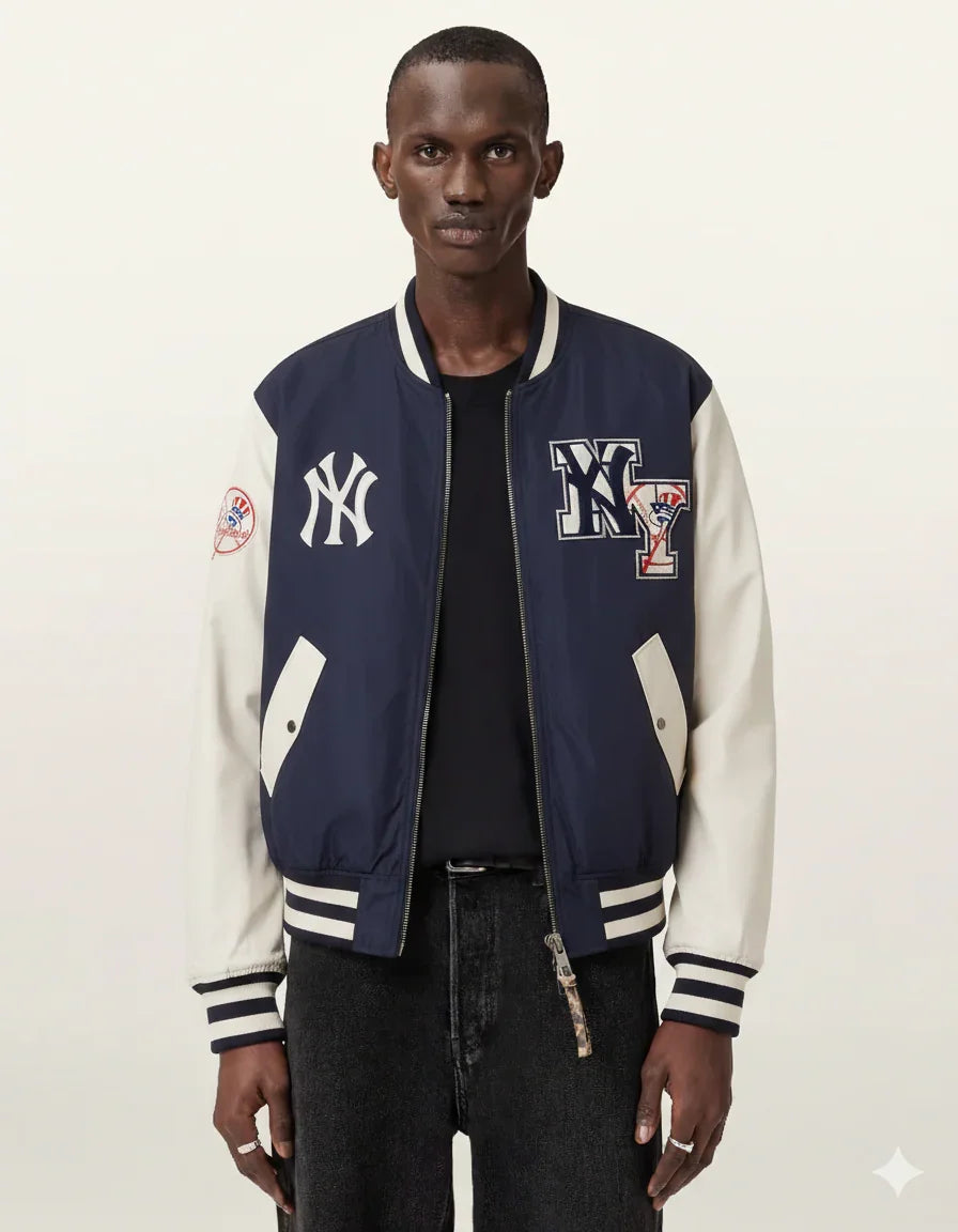 Navy and cream varsity jacket with NY logo, ideal for casual streetwear style